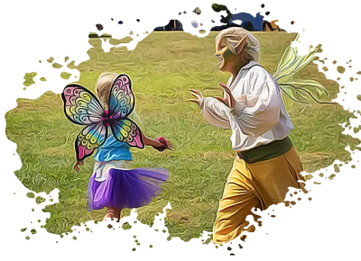 a fairy chases a child as they both laugh