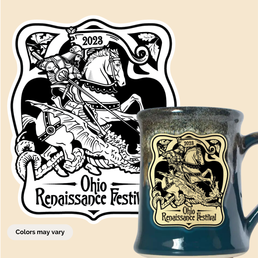 Ohio Renaissance Festival 2023 mug featuring St. George slaying the dragon